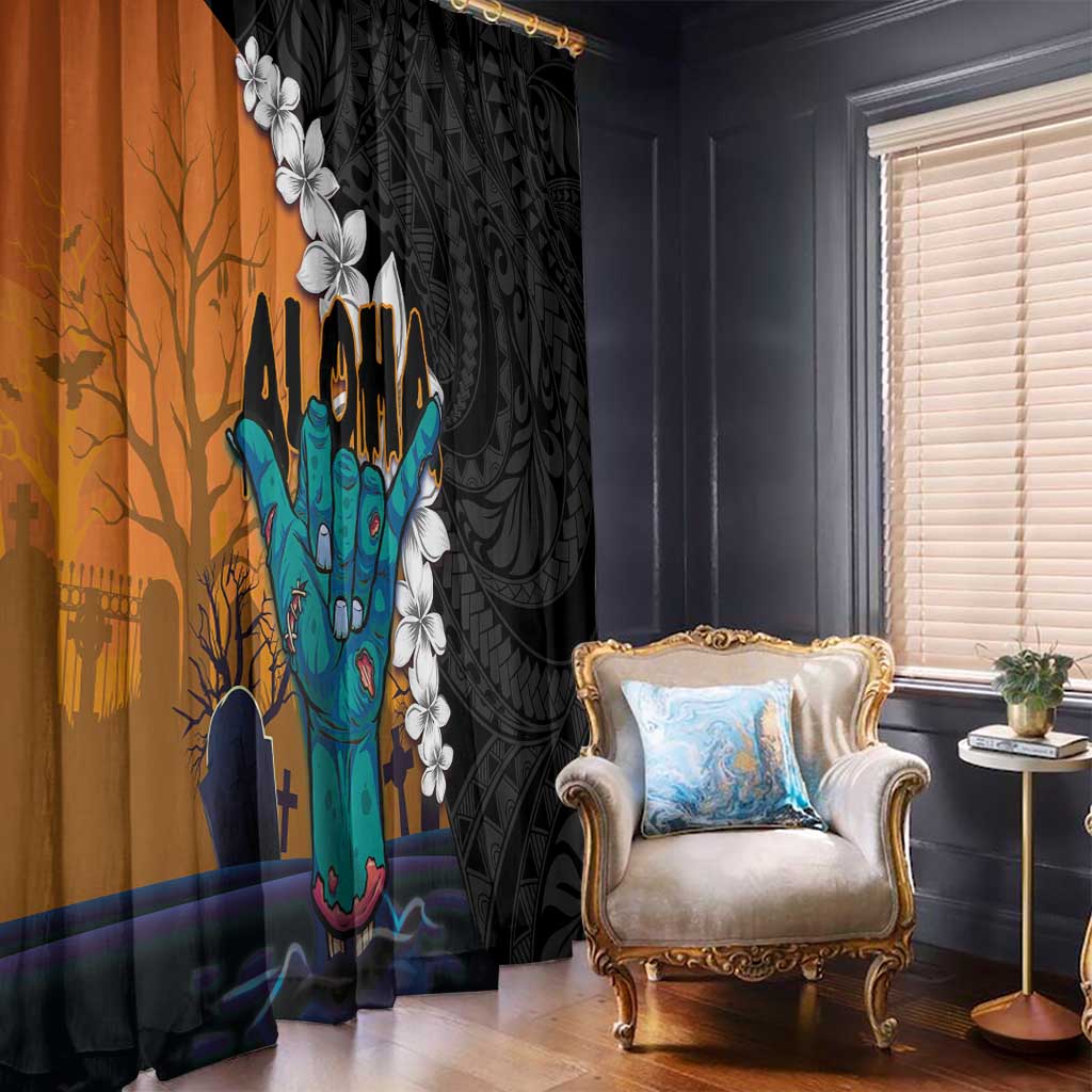 Hawaiian Halloween Window Curtain Horror Shaka Hand with Plumeria and Polynesian Tattoo Autumn Color LT03 - Polynesian Pride