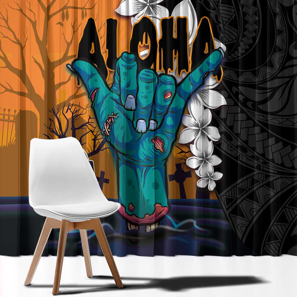 Hawaiian Halloween Window Curtain Horror Shaka Hand with Plumeria and Polynesian Tattoo Autumn Color LT03 - Polynesian Pride