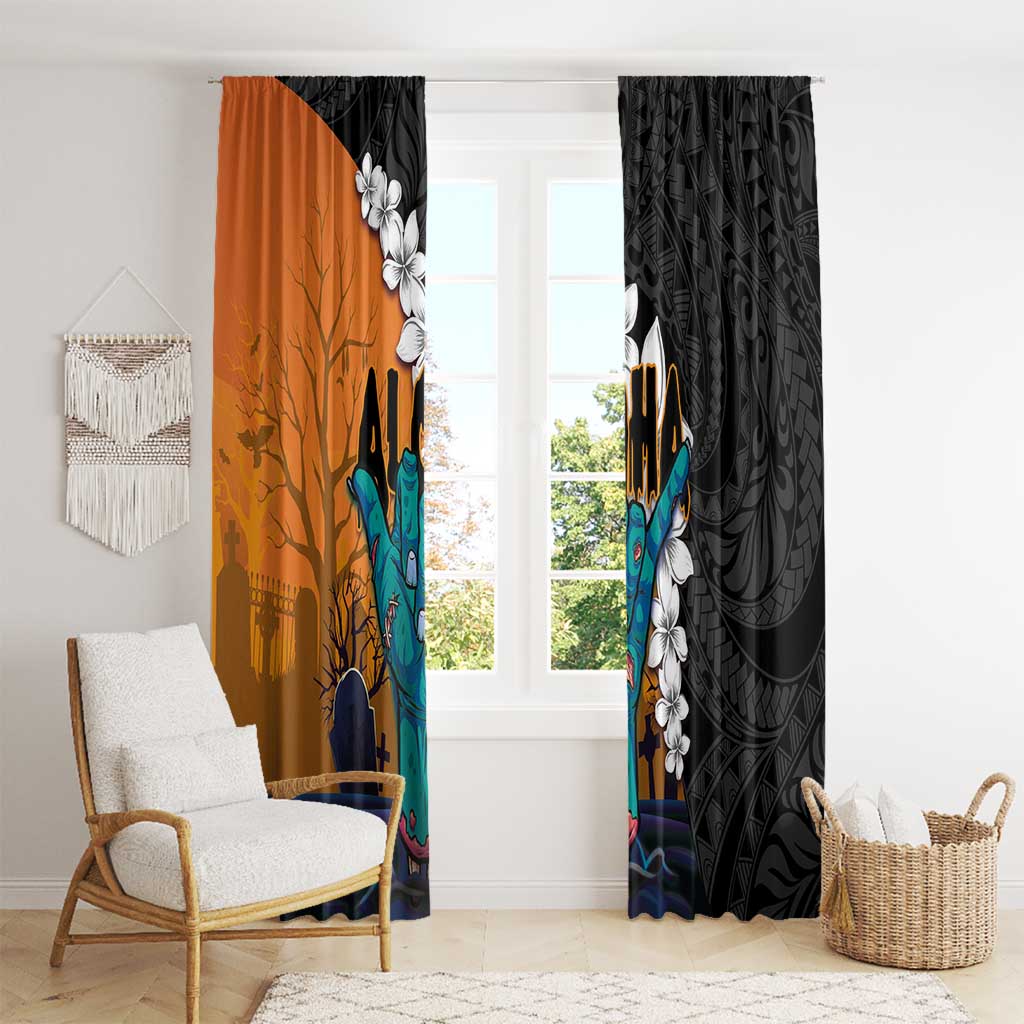 Hawaiian Halloween Window Curtain Horror Shaka Hand with Plumeria and Polynesian Tattoo Autumn Color LT03 - Polynesian Pride