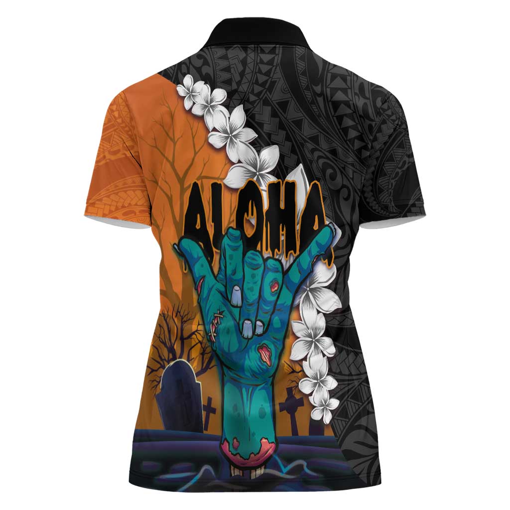 Hawaiian Halloween Women Polo Shirt Horror Shaka Hand with Plumeria and Polynesian Tattoo Autumn Color