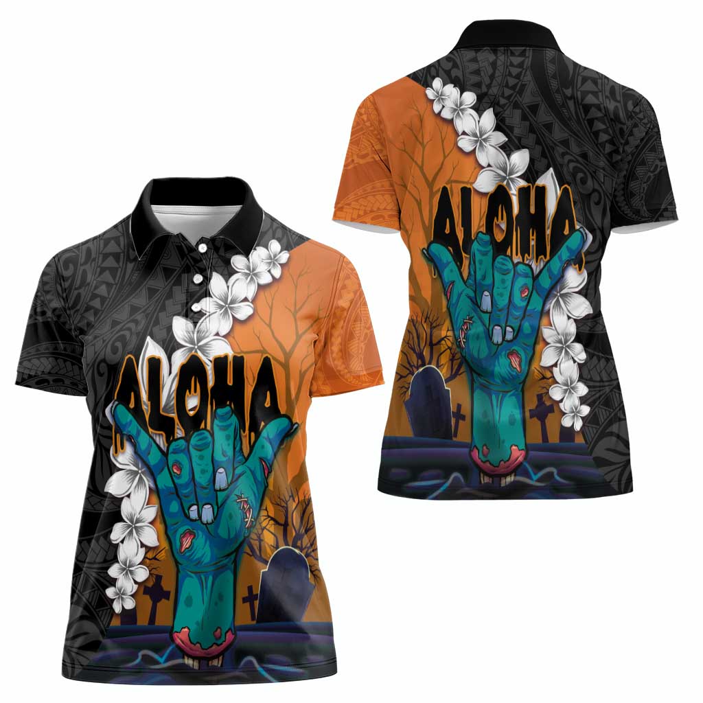 Hawaiian Halloween Women Polo Shirt Horror Shaka Hand with Plumeria and Polynesian Tattoo Autumn Color
