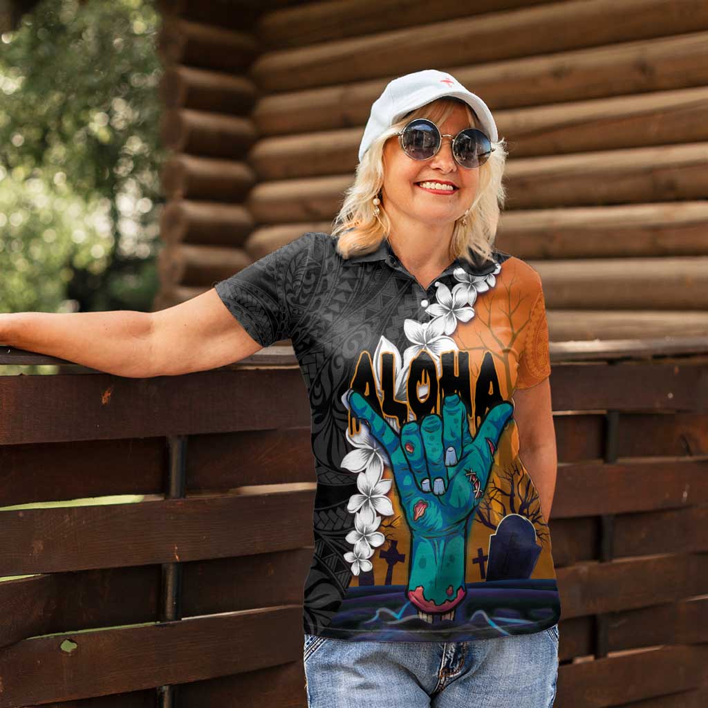 Hawaiian Halloween Women Polo Shirt Horror Shaka Hand with Plumeria and Polynesian Tattoo Autumn Color