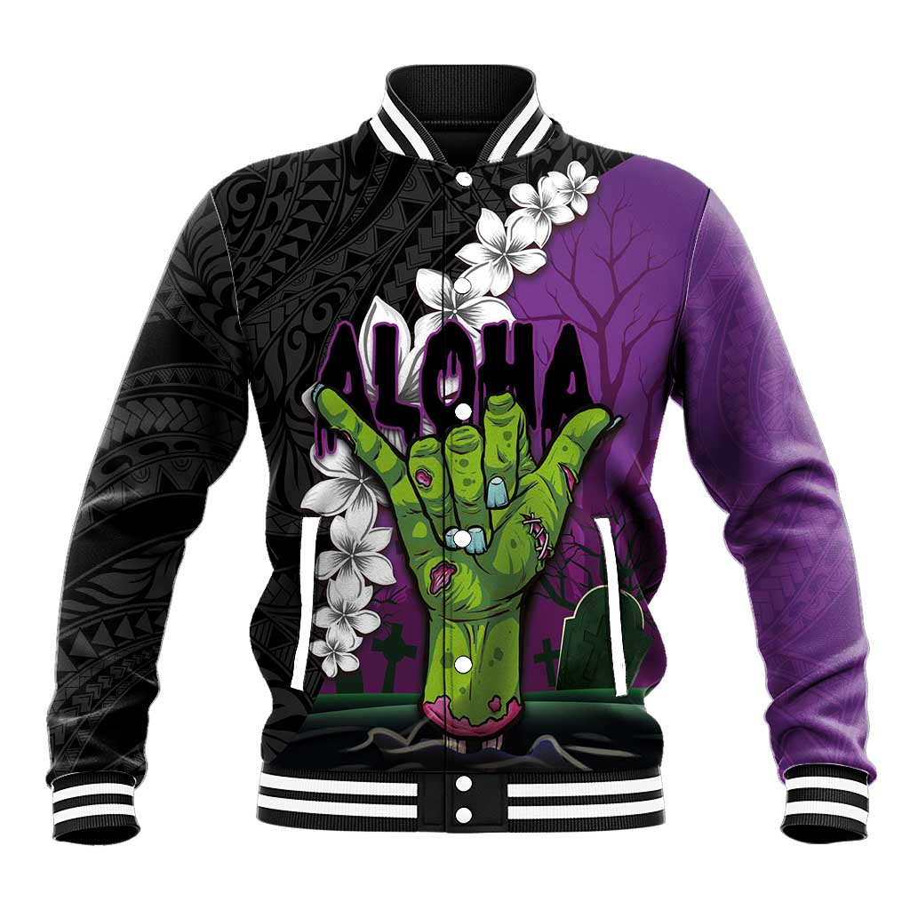 Hawaiian Halloween Baseball Jacket Horror Shaka Hand with Plumeria and Polynesian Tattoo Midnight Color LT03 Unisex Purple - Polynesian Pride
