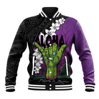 Hawaiian Halloween Baseball Jacket Horror Shaka Hand with Plumeria and Polynesian Tattoo Midnight Color LT03 Unisex Purple - Polynesian Pride