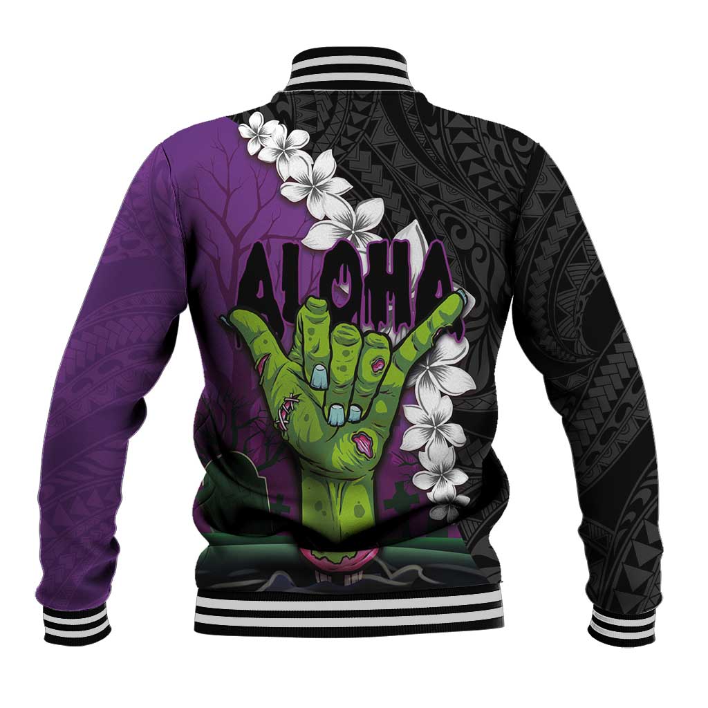 Hawaiian Halloween Baseball Jacket Horror Shaka Hand with Plumeria and Polynesian Tattoo Midnight Color LT03 - Polynesian Pride