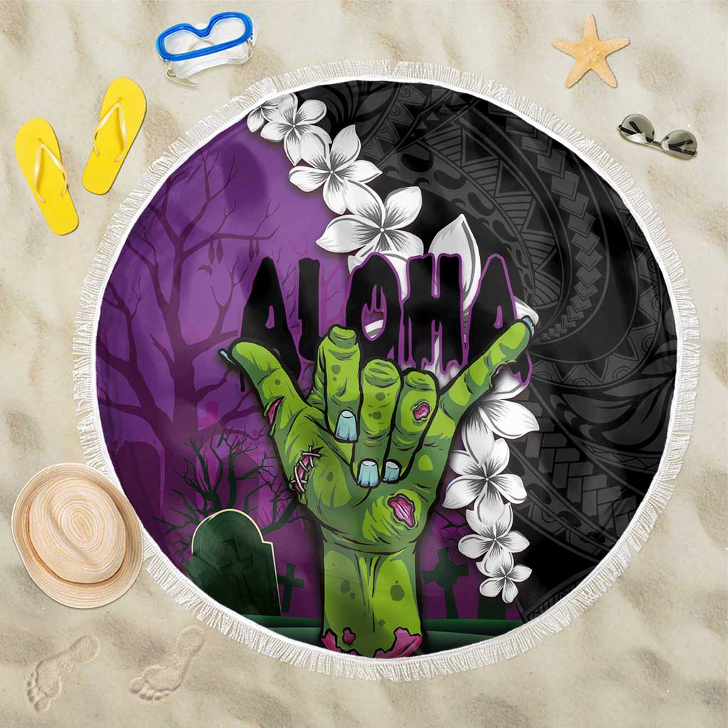 Hawaiian Halloween Beach Blanket Horror Shaka Hand with Plumeria and Polynesian Tattoo Midnight Color