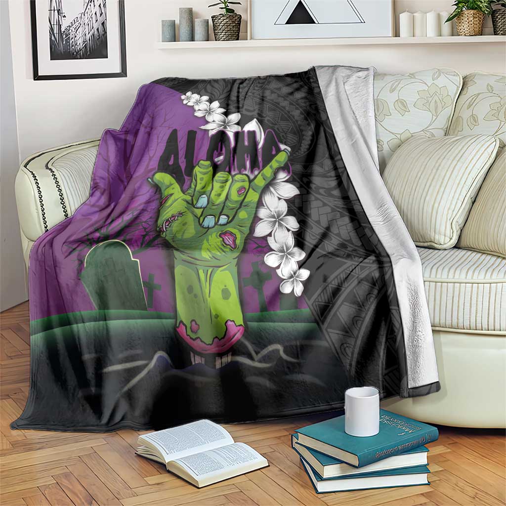 Hawaiian Halloween Blanket Horror Shaka Hand with Plumeria and Polynesian Tattoo Midnight Color LT03 Purple - Polynesian Pride