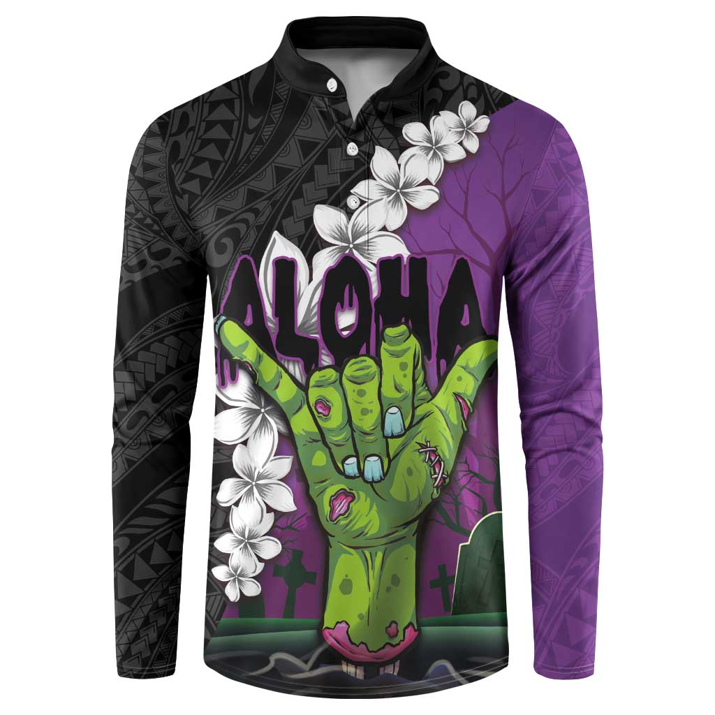 Hawaiian Halloween Button Sweatshirt Horror Shaka Hand with Plumeria and Polynesian Tattoo Midnight Color LT03 Purple - Polynesian Pride