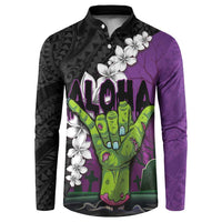 Hawaiian Halloween Button Sweatshirt Horror Shaka Hand with Plumeria and Polynesian Tattoo Midnight Color LT03 Purple - Polynesian Pride