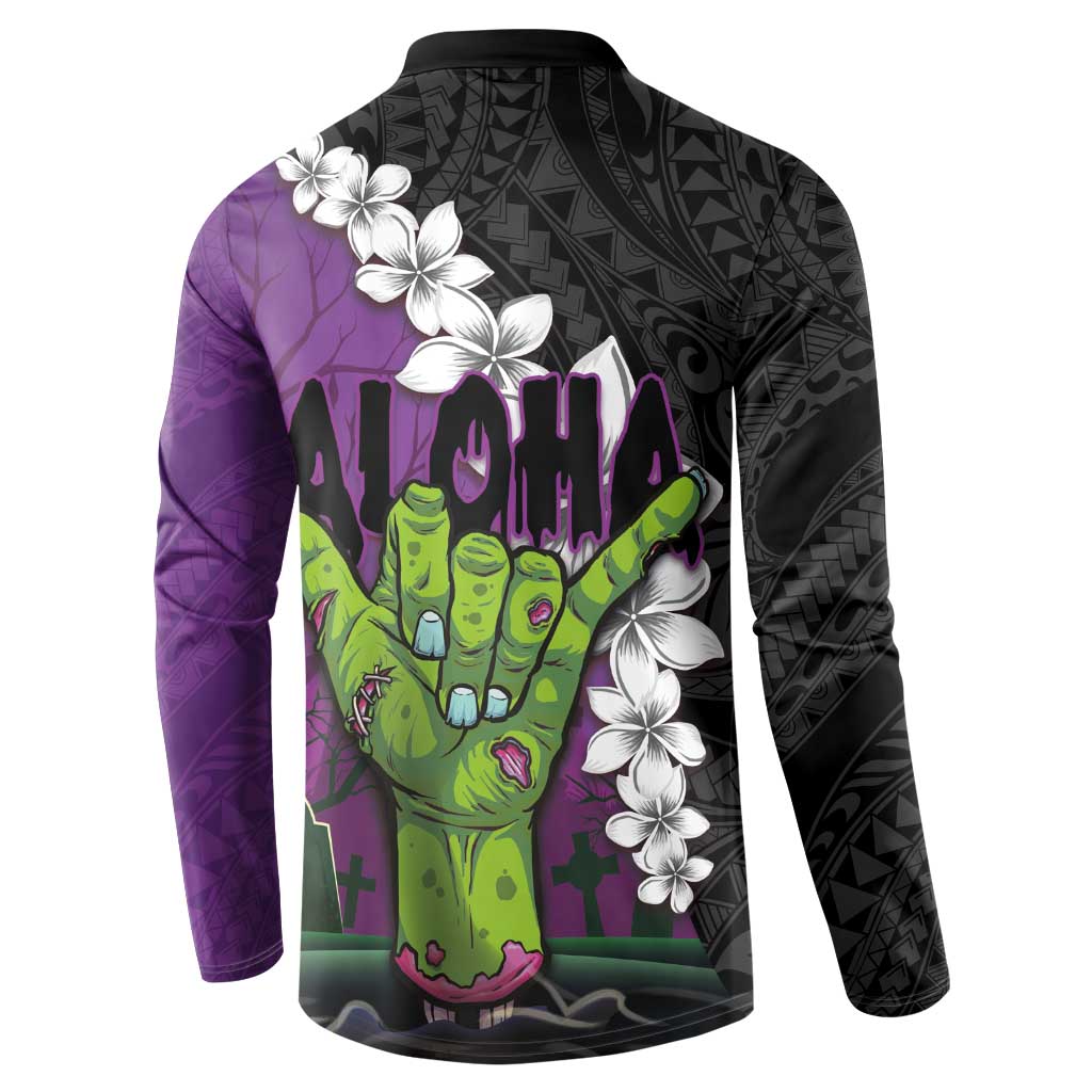 Hawaiian Halloween Button Sweatshirt Horror Shaka Hand with Plumeria and Polynesian Tattoo Midnight Color LT03 - Polynesian Pride