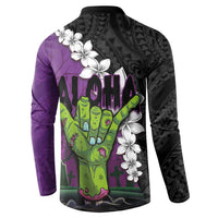 Hawaiian Halloween Button Sweatshirt Horror Shaka Hand with Plumeria and Polynesian Tattoo Midnight Color LT03 - Polynesian Pride