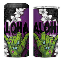 Hawaiian Halloween 4 in 1 Can Cooler Tumbler Horror Shaka Hand with Plumeria and Polynesian Tattoo Midnight Color