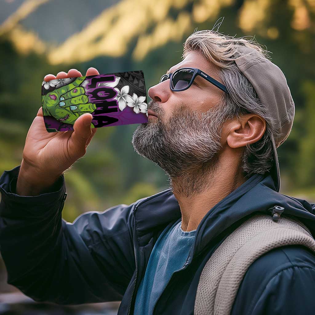 Hawaiian Halloween 4 in 1 Can Cooler Tumbler Horror Shaka Hand with Plumeria and Polynesian Tattoo Midnight Color