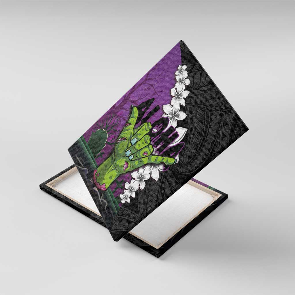 Hawaiian Halloween Canvas Wall Art Horror Shaka Hand with Plumeria and Polynesian Tattoo Midnight Color LT03 With Frame Purple - Polynesian Pride