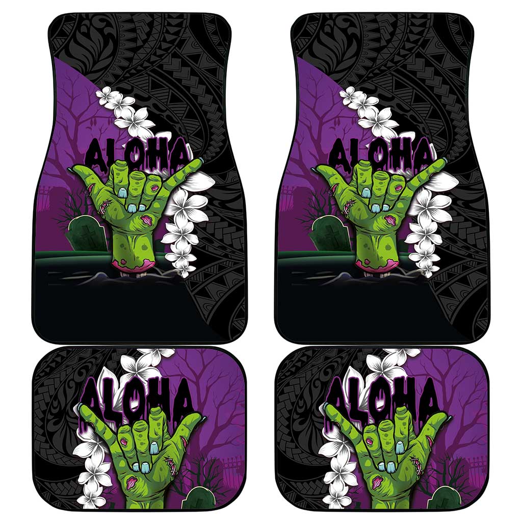 Hawaiian Halloween Car Mats Horror Shaka Hand with Plumeria and Polynesian Tattoo Midnight Color