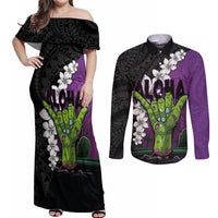 Hawaiian Halloween Couples Matching Off Shoulder Maxi Dress and Long Sleeve Button Shirt Horror Shaka Hand with Plumeria and Polynesian Tattoo Midnight Color