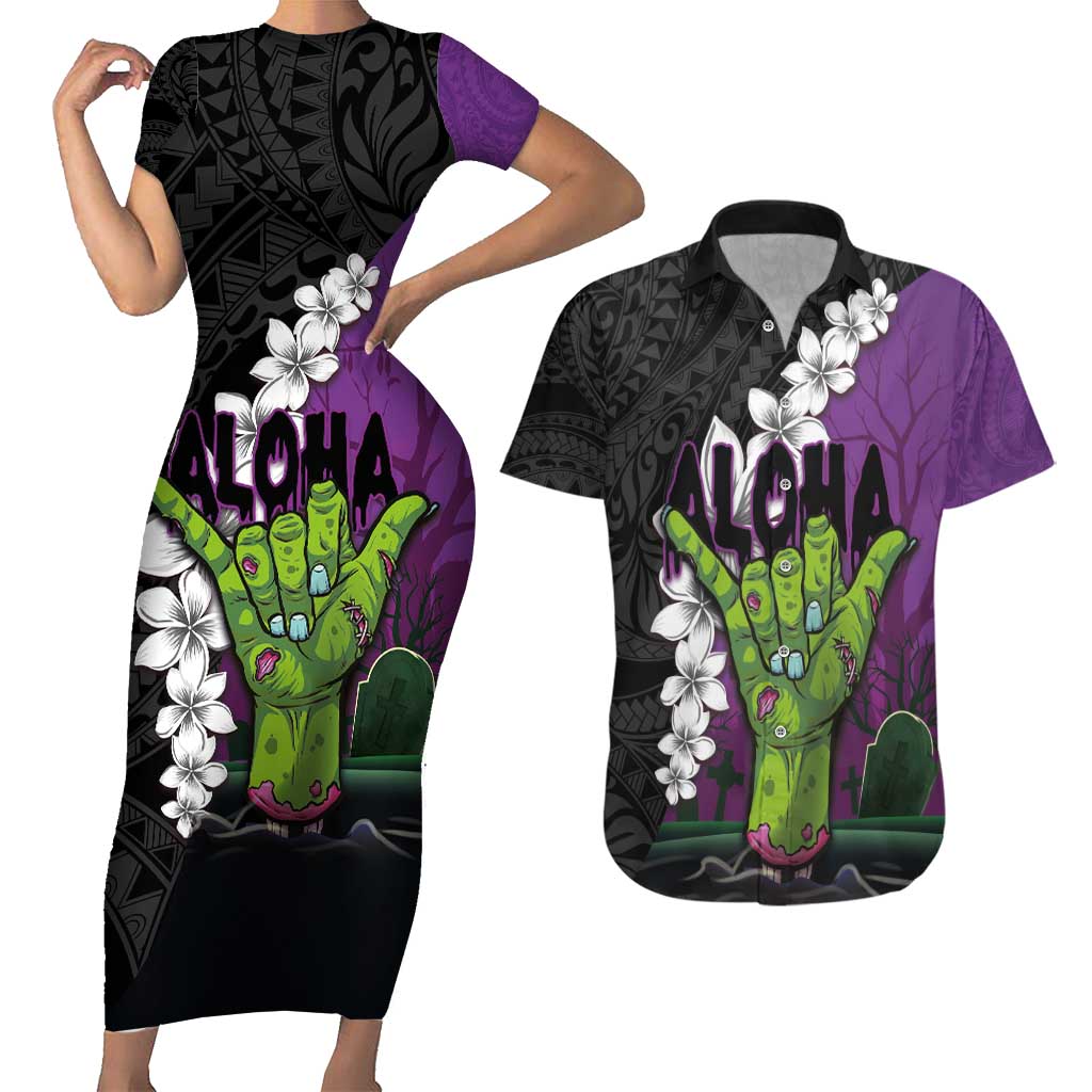 Hawaiian Halloween Couples Matching Short Sleeve Bodycon Dress and Hawaiian Shirt Horror Shaka Hand with Plumeria and Polynesian Tattoo Midnight Color LT03 Purple - Polynesian Pride