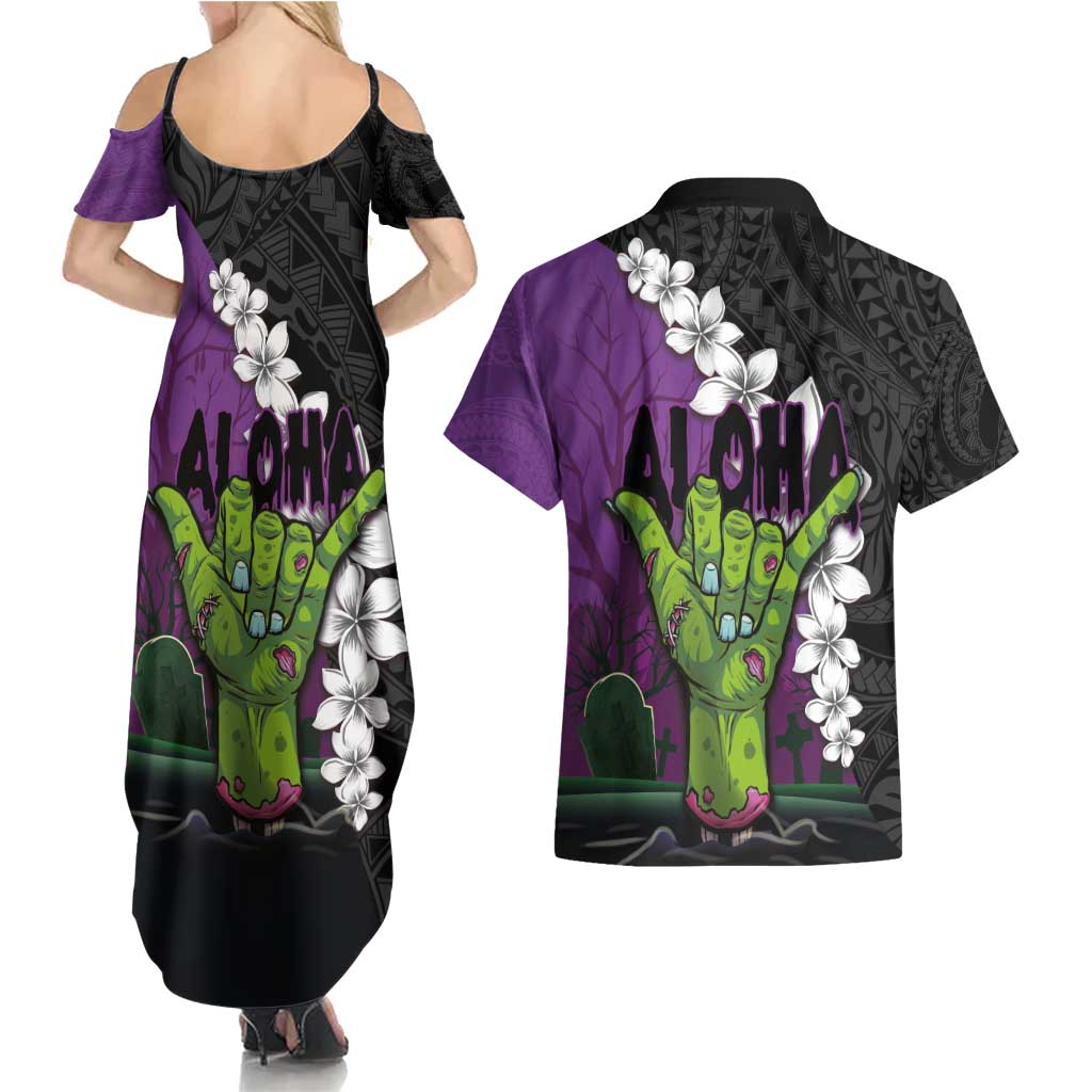 Hawaiian Halloween Couples Matching Summer Maxi Dress and Hawaiian Shirt Horror Shaka Hand with Plumeria and Polynesian Tattoo Midnight Color