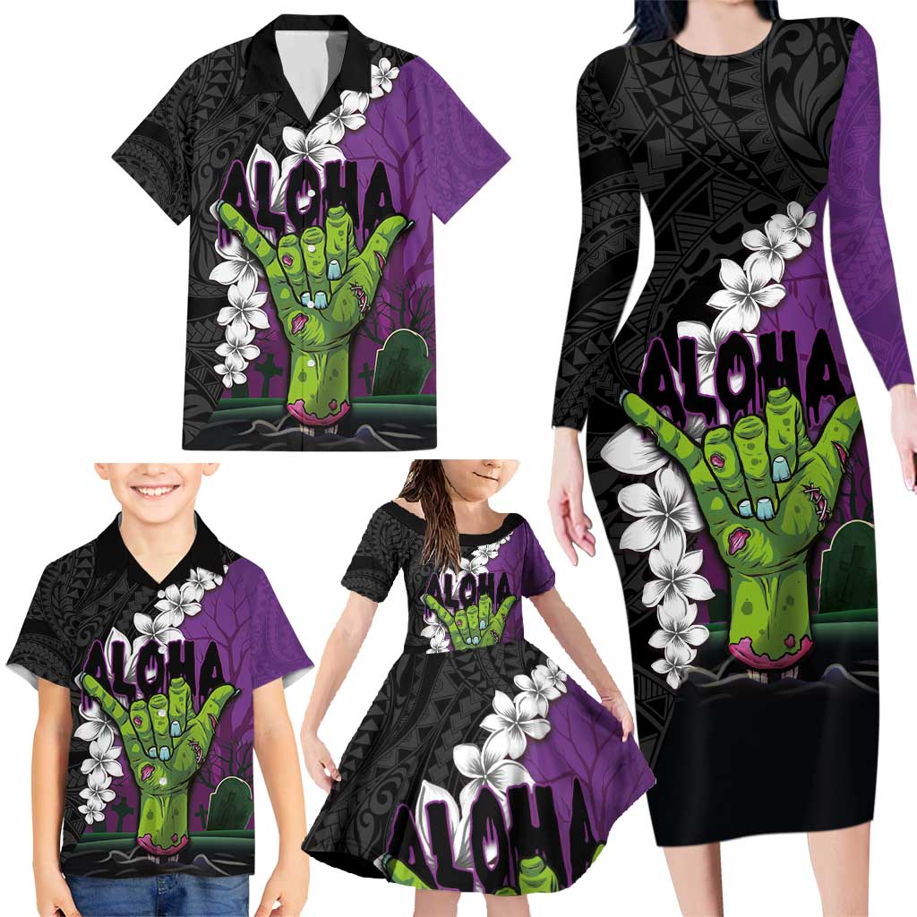 Hawaiian Halloween Family Matching Long Sleeve Bodycon Dress and Hawaiian Shirt Horror Shaka Hand with Plumeria and Polynesian Tattoo Midnight Color