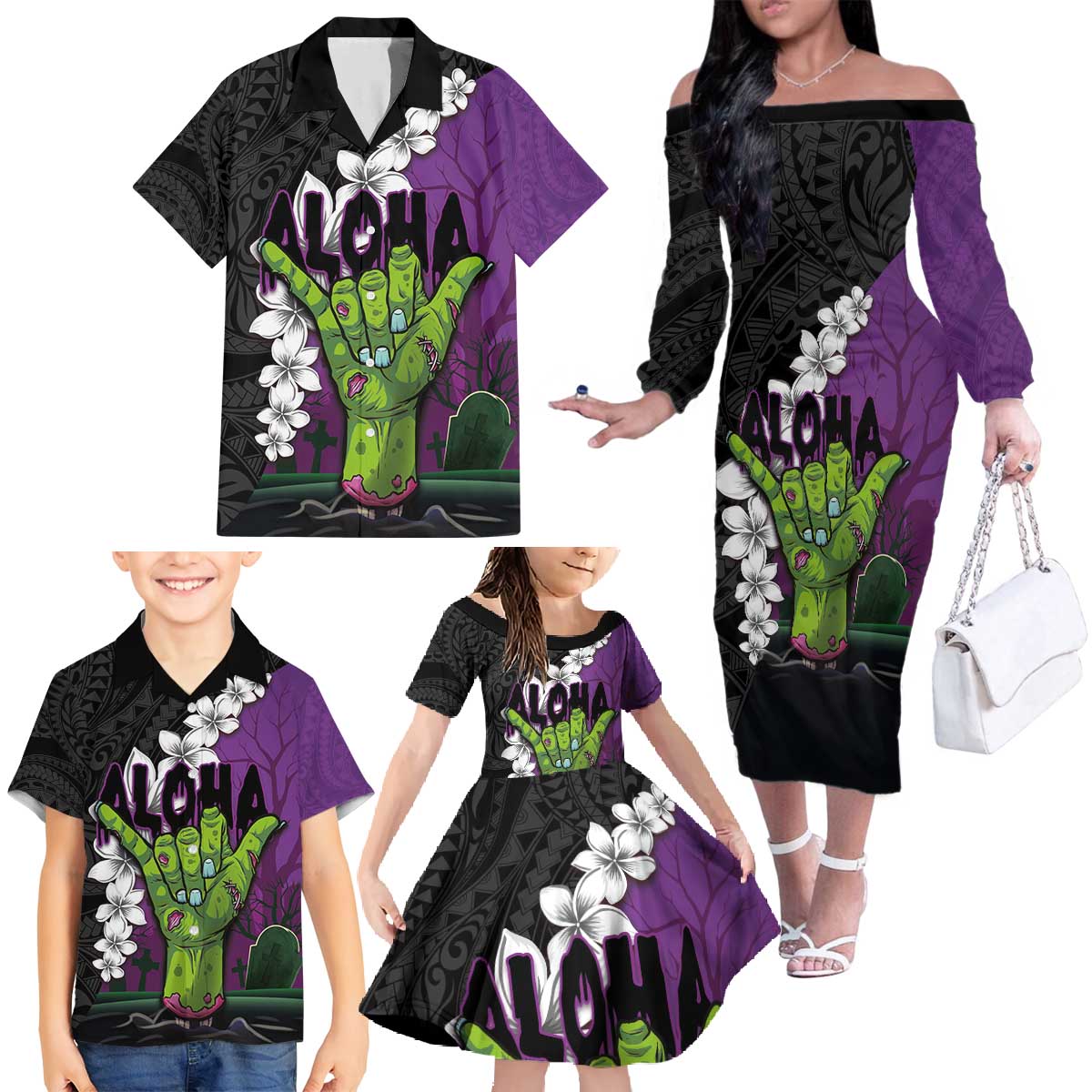 Hawaiian Halloween Family Matching Off The Shoulder Long Sleeve Dress and Hawaiian Shirt Horror Shaka Hand with Plumeria and Polynesian Tattoo Midnight Color