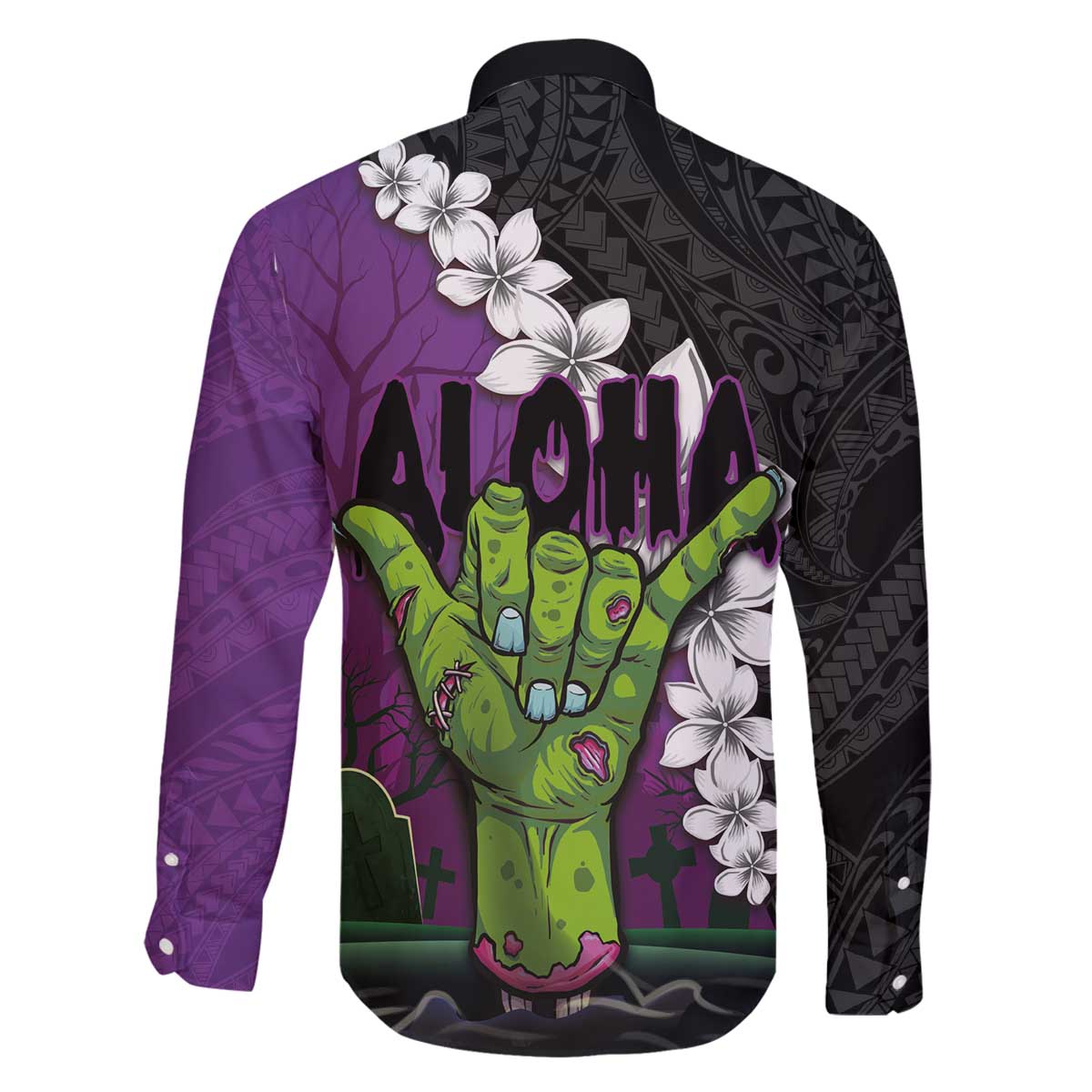 Hawaiian Halloween Family Matching Off The Shoulder Long Sleeve Dress and Hawaiian Shirt Horror Shaka Hand with Plumeria and Polynesian Tattoo Midnight Color