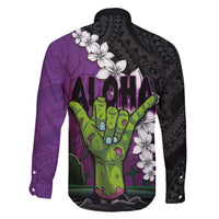 Hawaiian Halloween Family Matching Off The Shoulder Long Sleeve Dress and Hawaiian Shirt Horror Shaka Hand with Plumeria and Polynesian Tattoo Midnight Color