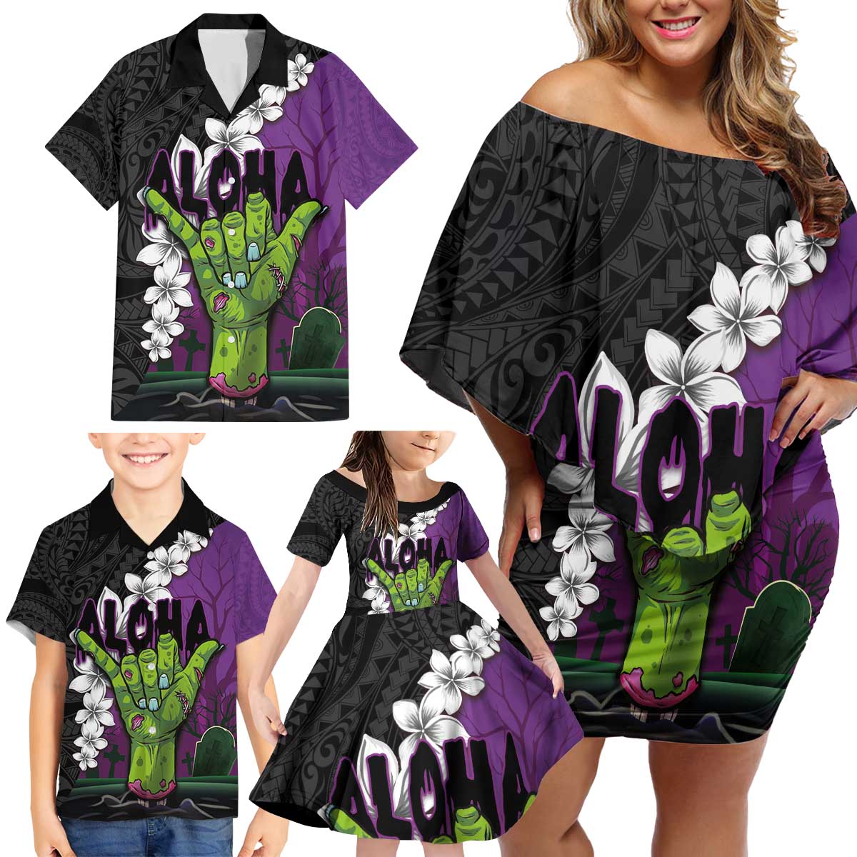 Hawaiian Halloween Family Matching Off Shoulder Short Dress and Hawaiian Shirt Horror Shaka Hand with Plumeria and Polynesian Tattoo Midnight Color