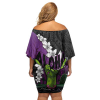 Hawaiian Halloween Family Matching Off Shoulder Short Dress and Hawaiian Shirt Horror Shaka Hand with Plumeria and Polynesian Tattoo Midnight Color