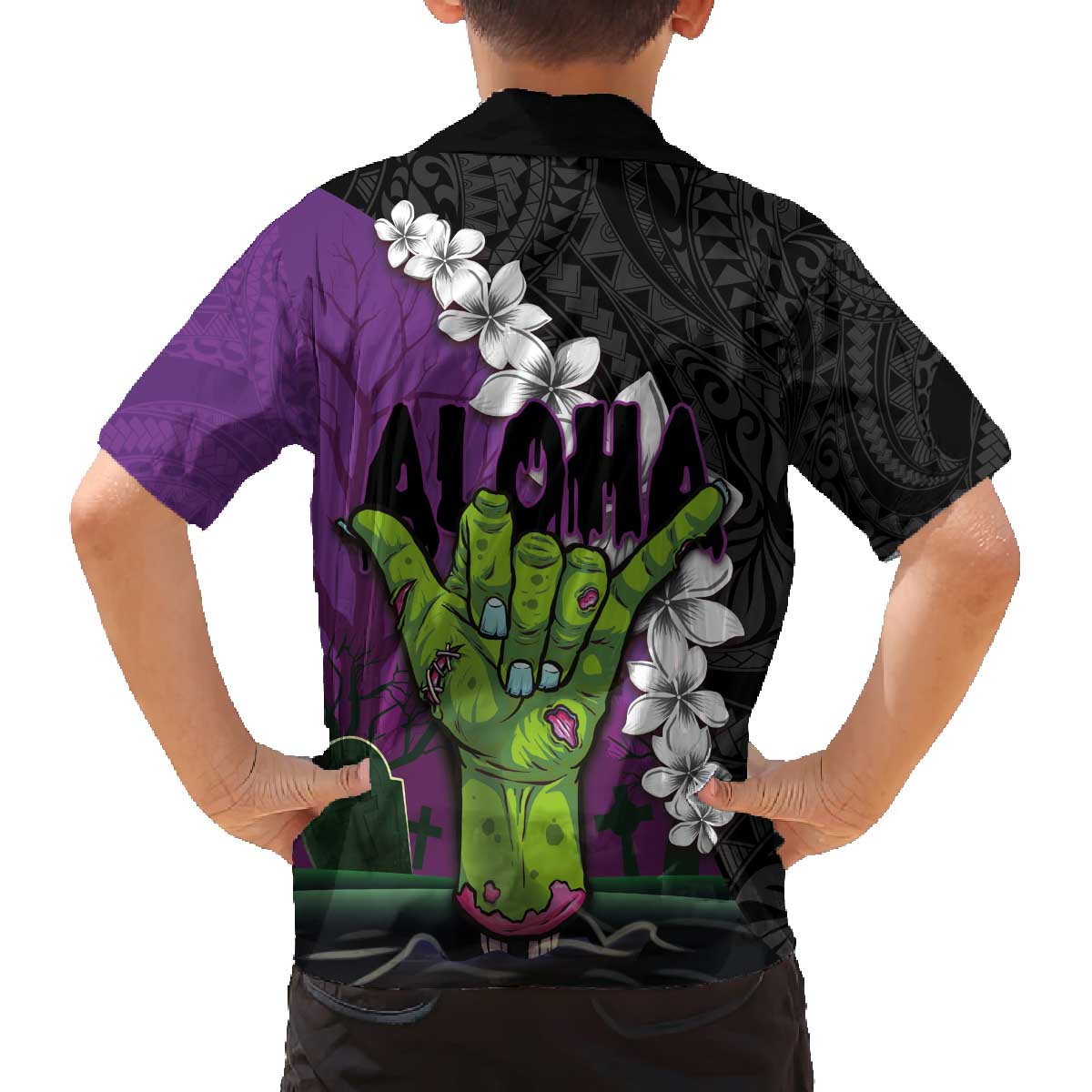 Hawaiian Halloween Family Matching Puletasi and Hawaiian Shirt Horror Shaka Hand with Plumeria and Polynesian Tattoo Midnight Color