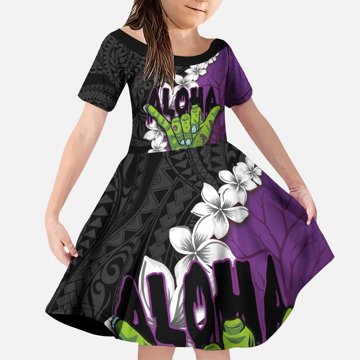 Hawaiian Halloween Family Matching Puletasi and Hawaiian Shirt Horror Shaka Hand with Plumeria and Polynesian Tattoo Midnight Color