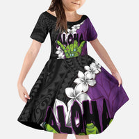 Hawaiian Halloween Family Matching Puletasi and Hawaiian Shirt Horror Shaka Hand with Plumeria and Polynesian Tattoo Midnight Color