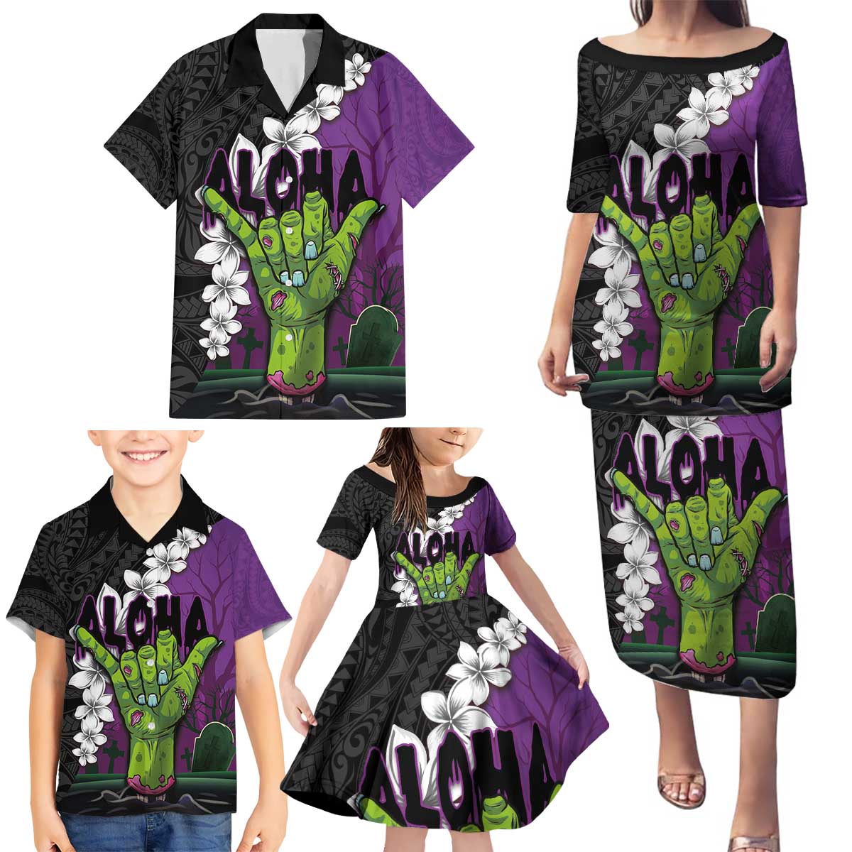 Hawaiian Halloween Family Matching Puletasi and Hawaiian Shirt Horror Shaka Hand with Plumeria and Polynesian Tattoo Midnight Color LT03 - Polynesian Pride