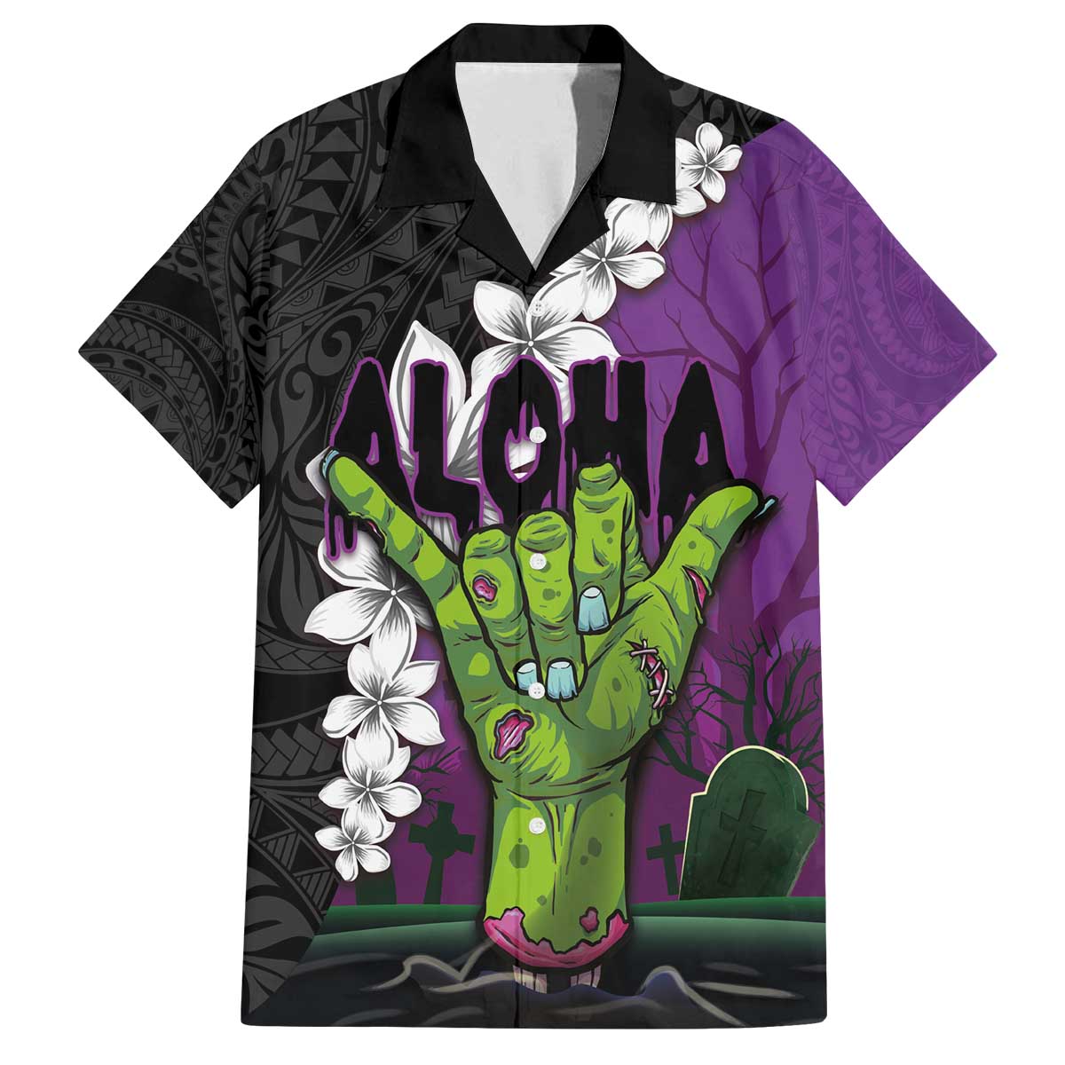 Hawaiian Halloween Family Matching Puletasi and Hawaiian Shirt Horror Shaka Hand with Plumeria and Polynesian Tattoo Midnight Color