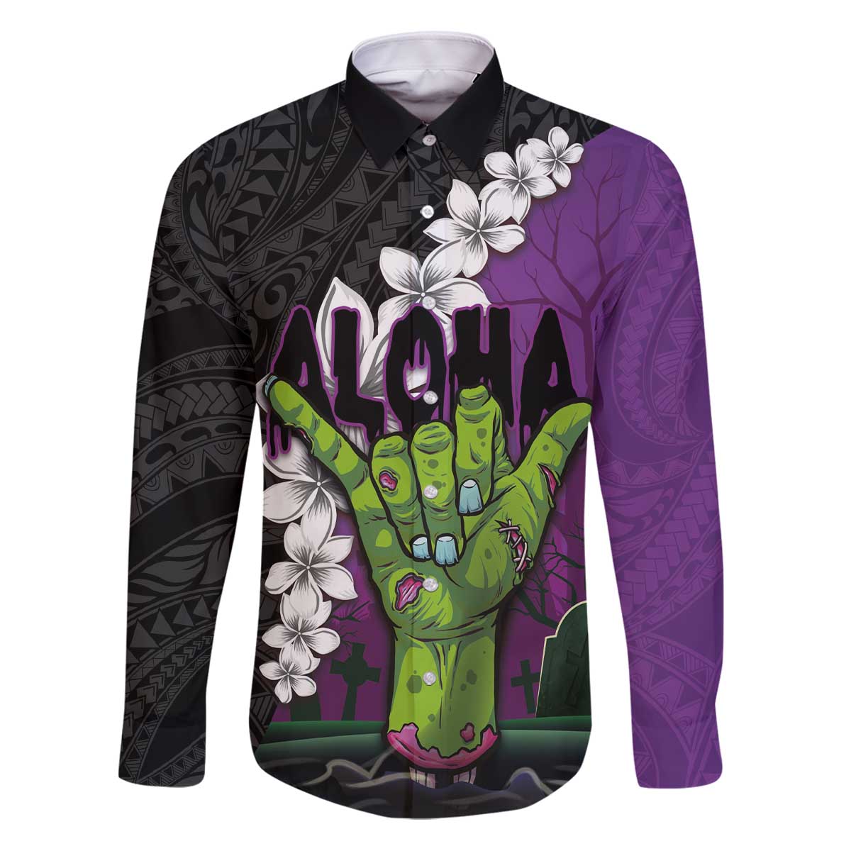 Hawaiian Halloween Family Matching Puletasi and Hawaiian Shirt Horror Shaka Hand with Plumeria and Polynesian Tattoo Midnight Color