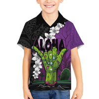 Hawaiian Halloween Family Matching Puletasi and Hawaiian Shirt Horror Shaka Hand with Plumeria and Polynesian Tattoo Midnight Color
