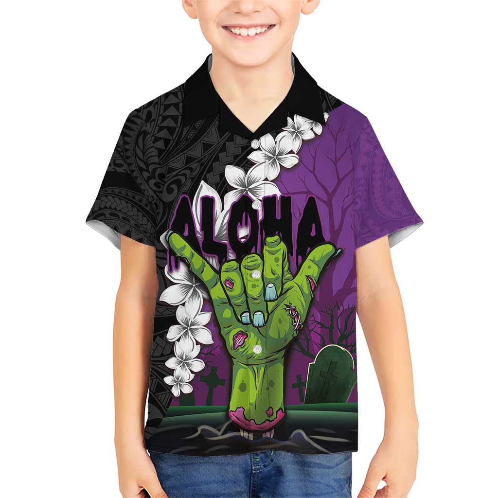 Hawaiian Halloween Family Matching Short Sleeve Bodycon Dress and Hawaiian Shirt Horror Shaka Hand with Plumeria and Polynesian Tattoo Midnight Color