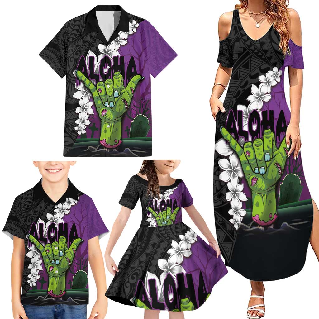 Hawaiian Halloween Family Matching Summer Maxi Dress and Hawaiian Shirt Horror Shaka Hand with Plumeria and Polynesian Tattoo Midnight Color LT03 - Polynesian Pride