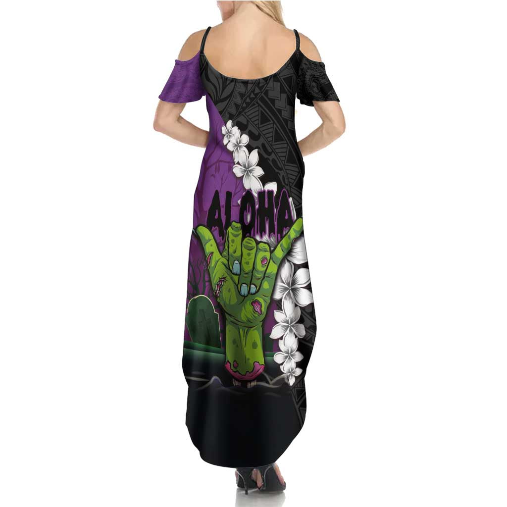 Hawaiian Halloween Family Matching Summer Maxi Dress and Hawaiian Shirt Horror Shaka Hand with Plumeria and Polynesian Tattoo Midnight Color