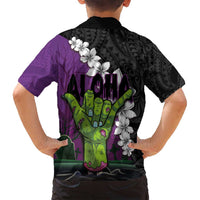 Hawaiian Halloween Family Matching Tank Maxi Dress and Hawaiian Shirt Horror Shaka Hand with Plumeria and Polynesian Tattoo Midnight Color