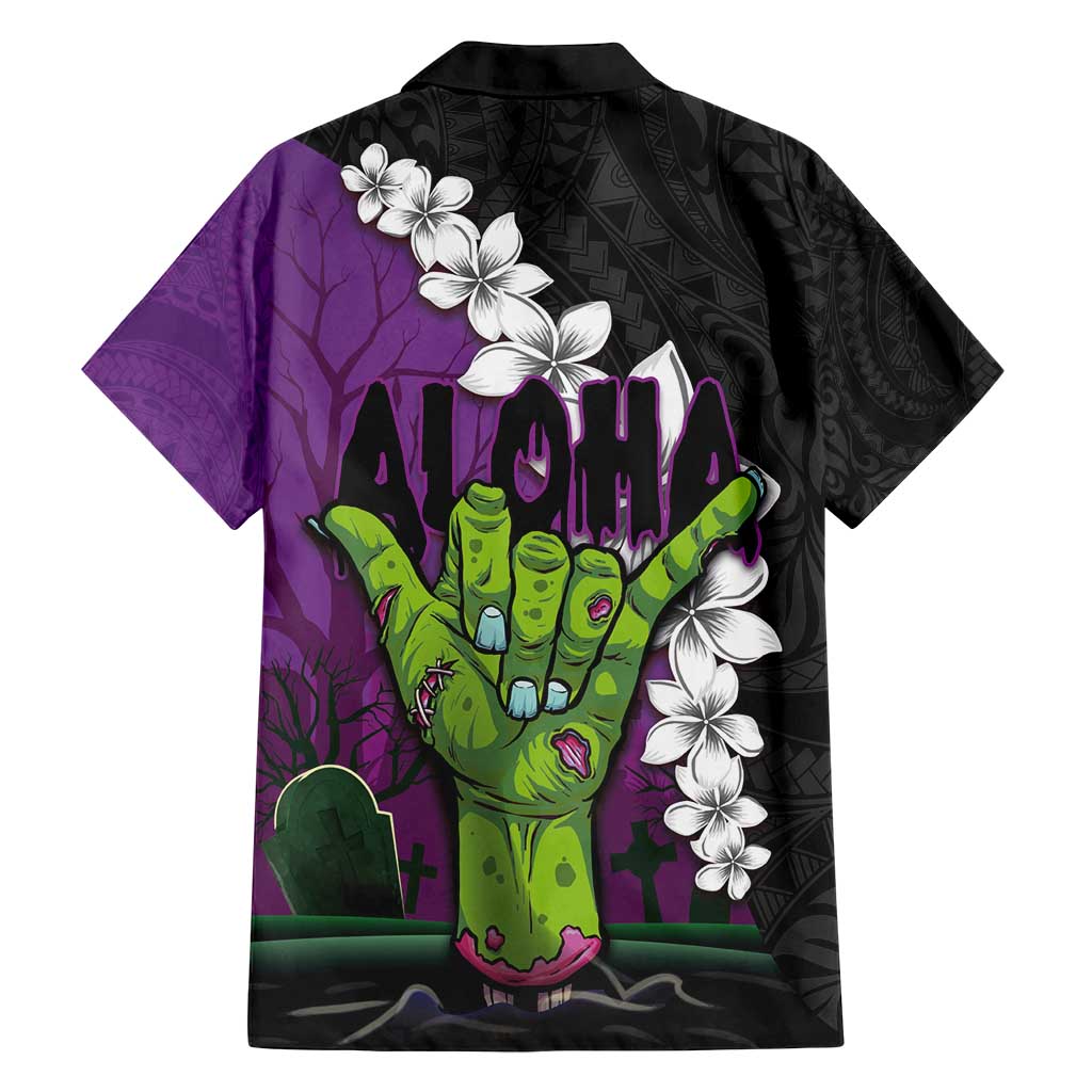 Hawaiian Halloween Family Matching Tank Maxi Dress and Hawaiian Shirt Horror Shaka Hand with Plumeria and Polynesian Tattoo Midnight Color