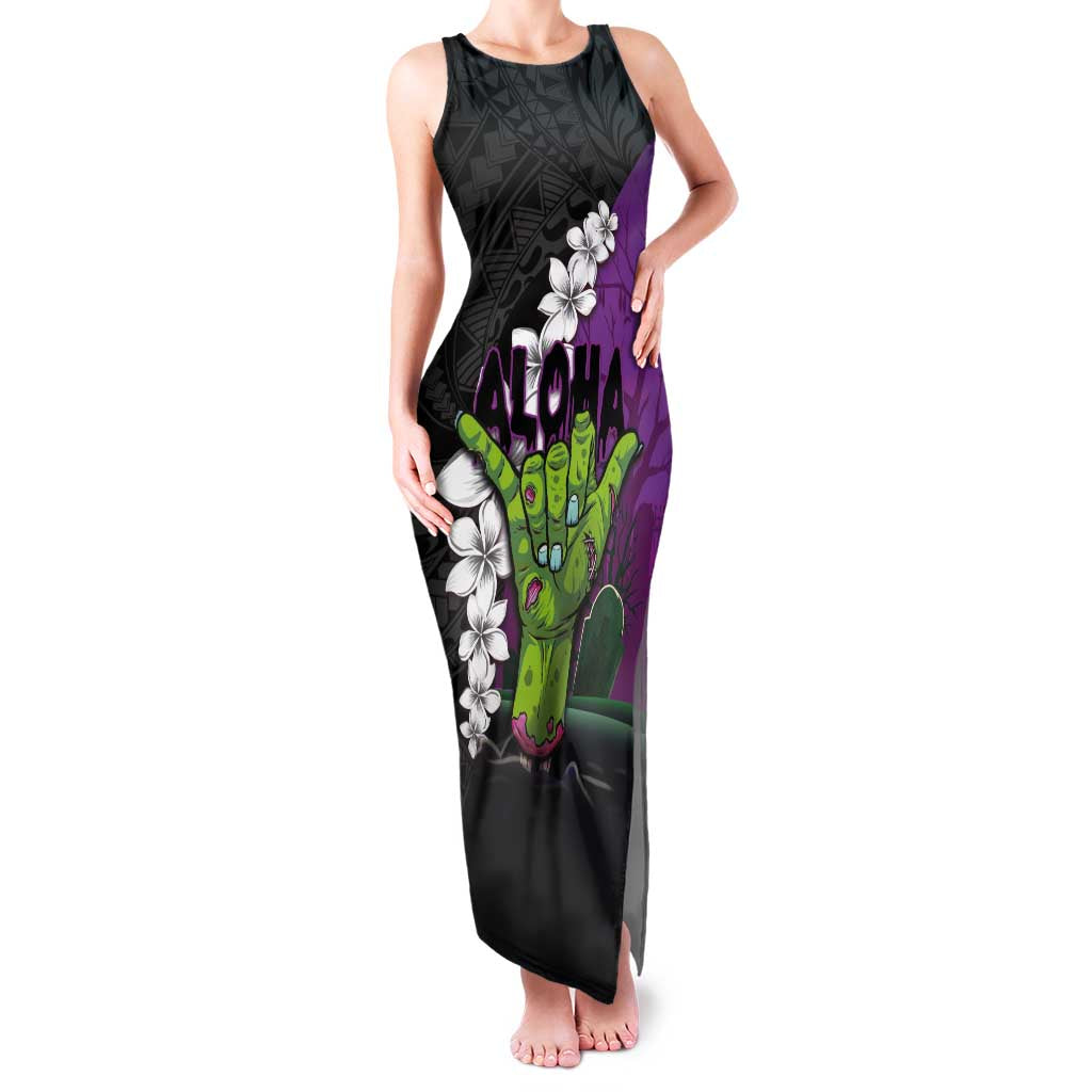 Hawaiian Halloween Family Matching Tank Maxi Dress and Hawaiian Shirt Horror Shaka Hand with Plumeria and Polynesian Tattoo Midnight Color