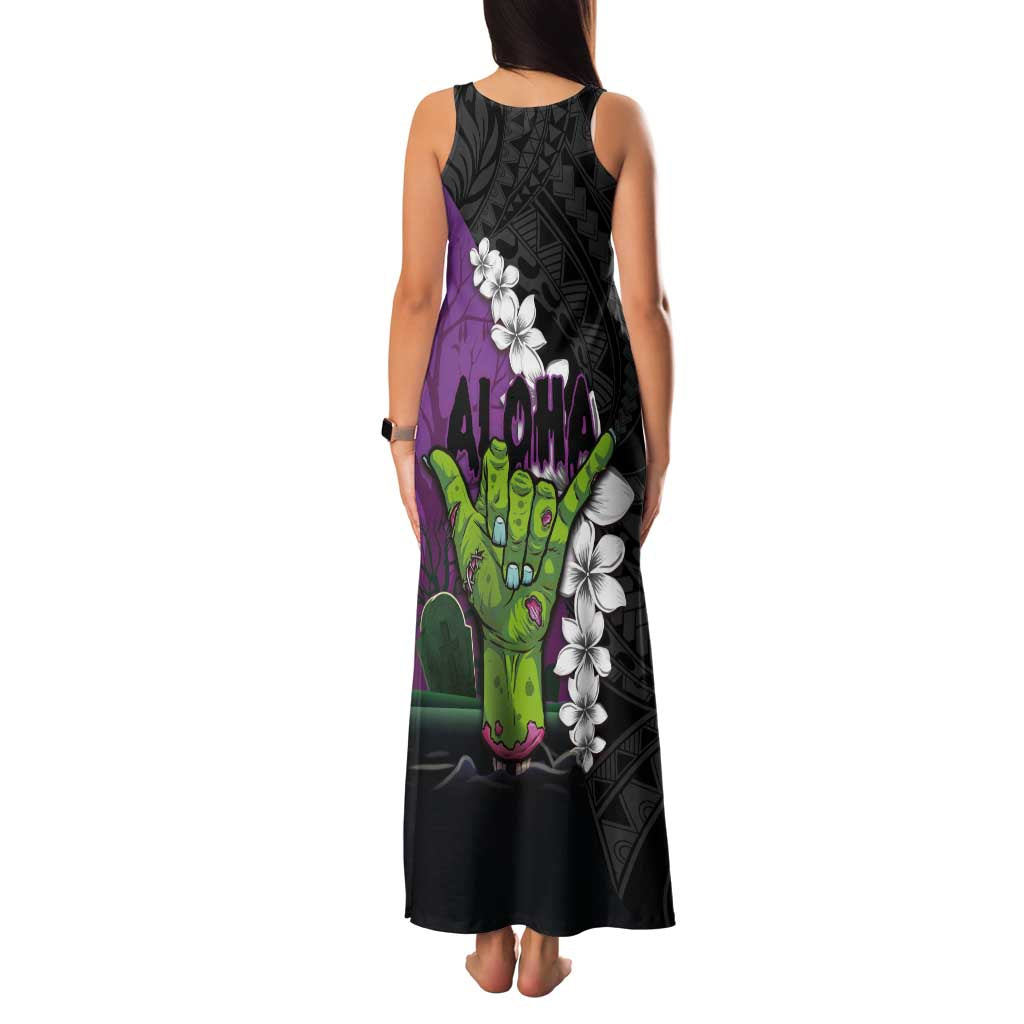 Hawaiian Halloween Family Matching Tank Maxi Dress and Hawaiian Shirt Horror Shaka Hand with Plumeria and Polynesian Tattoo Midnight Color