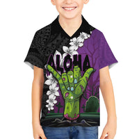 Hawaiian Halloween Family Matching Tank Maxi Dress and Hawaiian Shirt Horror Shaka Hand with Plumeria and Polynesian Tattoo Midnight Color