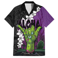 Hawaiian Halloween Hawaiian Shirt Horror Shaka Hand with Plumeria and Polynesian Tattoo Midnight Color LT03 Purple - Polynesian Pride