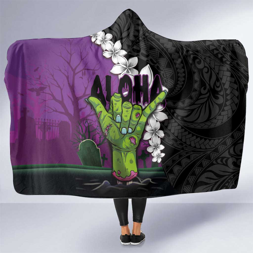 Hawaiian Halloween Hooded Blanket Horror Shaka Hand with Plumeria and Polynesian Tattoo Midnight Color LT03 One Size Purple - Polynesian Pride