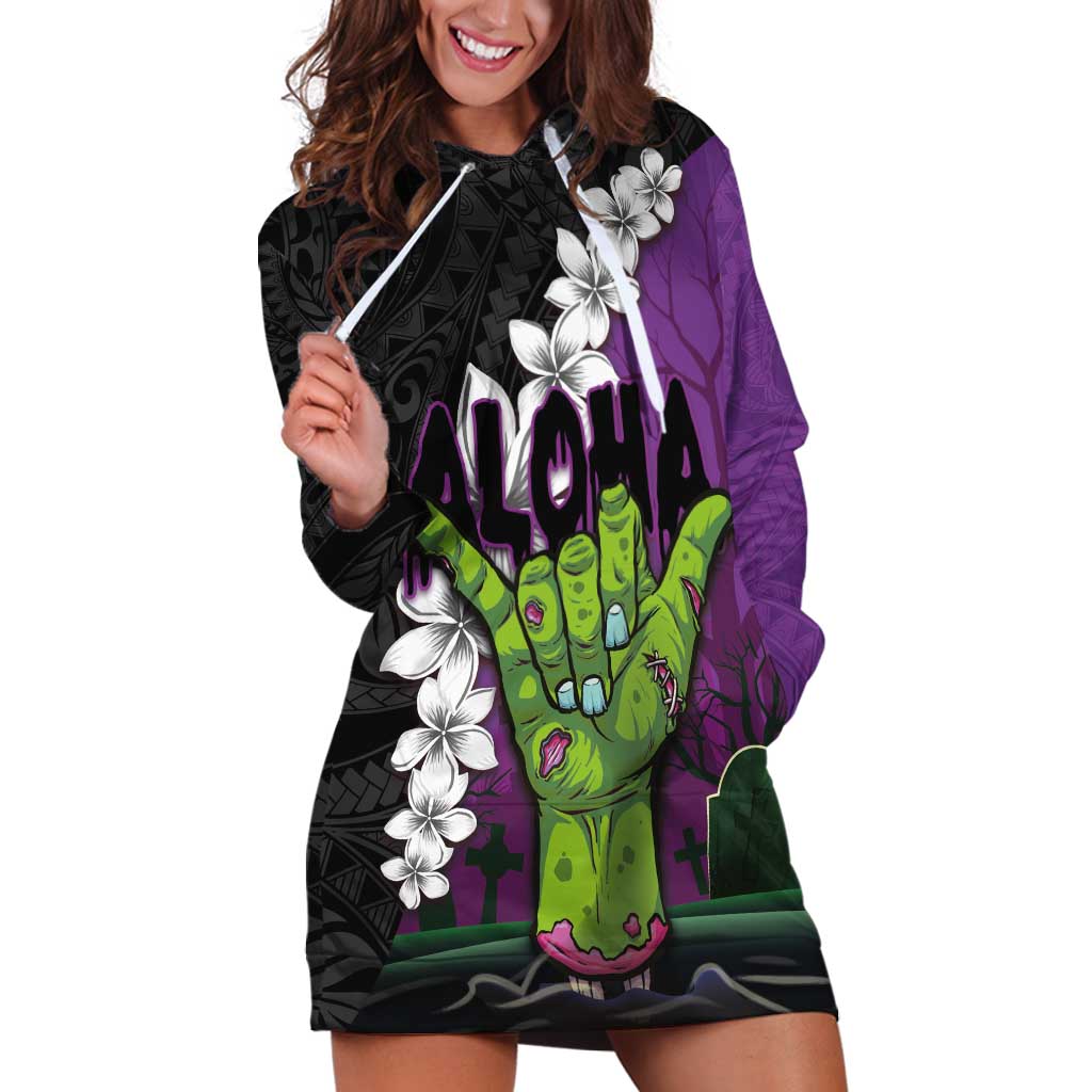 Hawaiian Halloween Hoodie Dress Horror Shaka Hand with Plumeria and Polynesian Tattoo Midnight Color