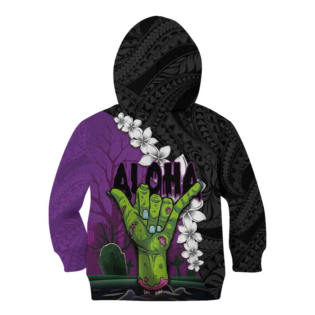 Hawaiian Halloween Kid Hoodie Horror Shaka Hand with Plumeria and Polynesian Tattoo Midnight Color
