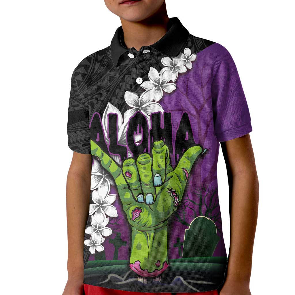 Hawaiian Halloween Kid Polo Shirt Horror Shaka Hand with Plumeria and Polynesian Tattoo Midnight Color