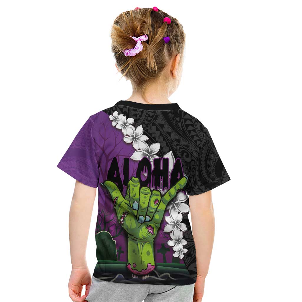 Hawaiian Halloween Kid T Shirt Horror Shaka Hand with Plumeria and Polynesian Tattoo Midnight Color