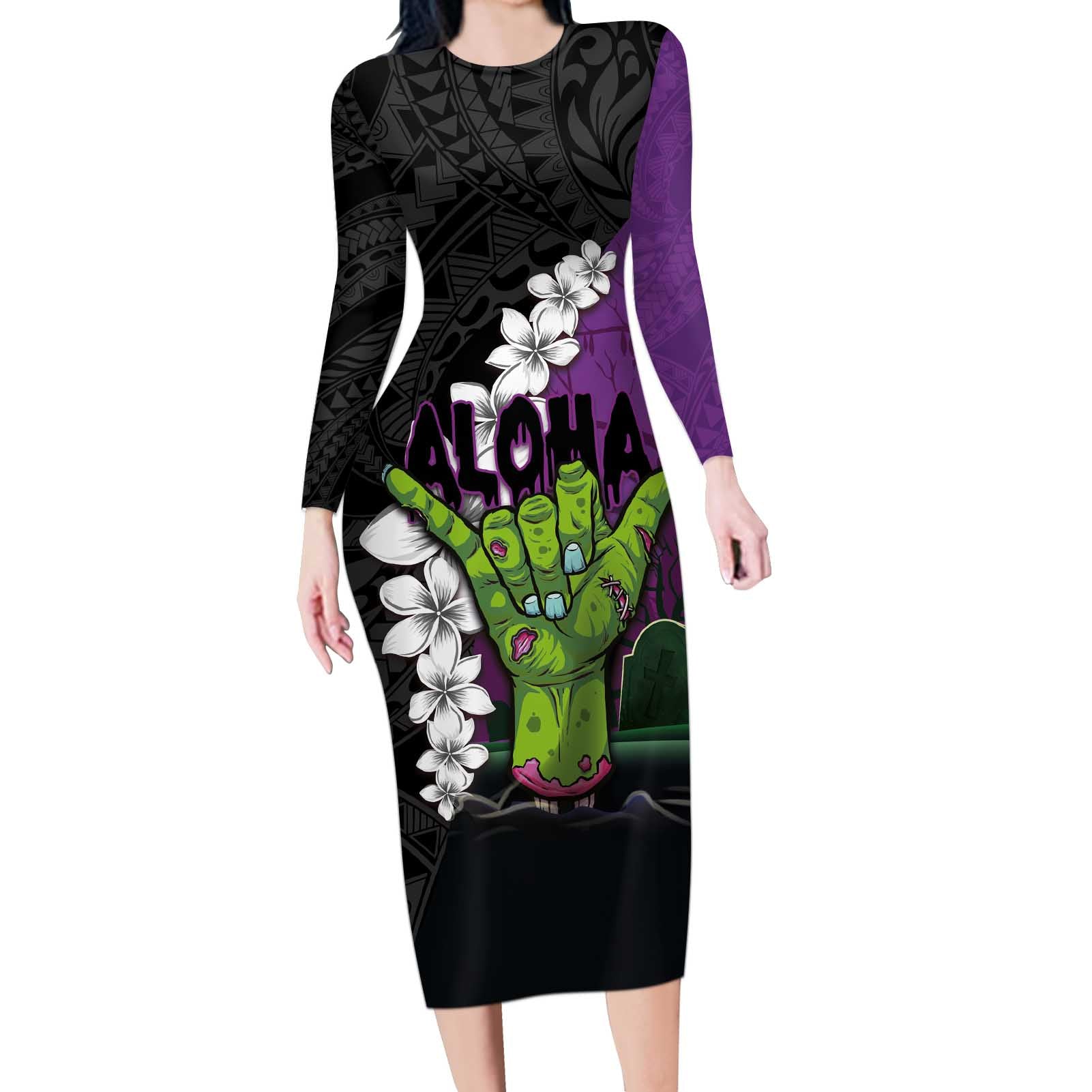 Hawaiian Halloween Long Sleeve Bodycon Dress Horror Shaka Hand with Plumeria and Polynesian Tattoo Midnight Color